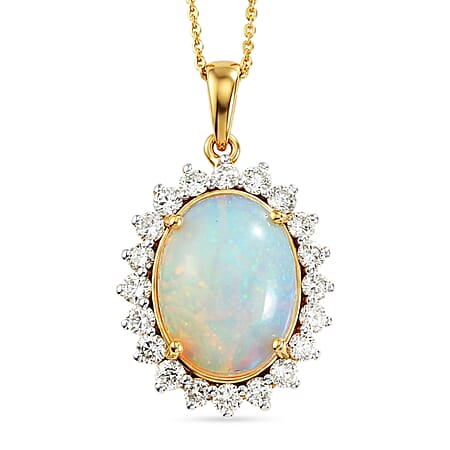 Luxuriant - OTO - Ethiopian Opal & Lab Grown Diamond (SI-G-H) Halo Pendant with Chain (Size 20) in 18K Vermeil Yellow Gold Plated Sterling Silver 6.70 Ct. Luxuriant - OTO - Ethiopian Opal & Lab Grown Diamond (SI-G-H) Halo Pendant with Chain (Size 20) in 18K Vermeil Yellow Gold Plated Sterling Silver 6.70 Ct.