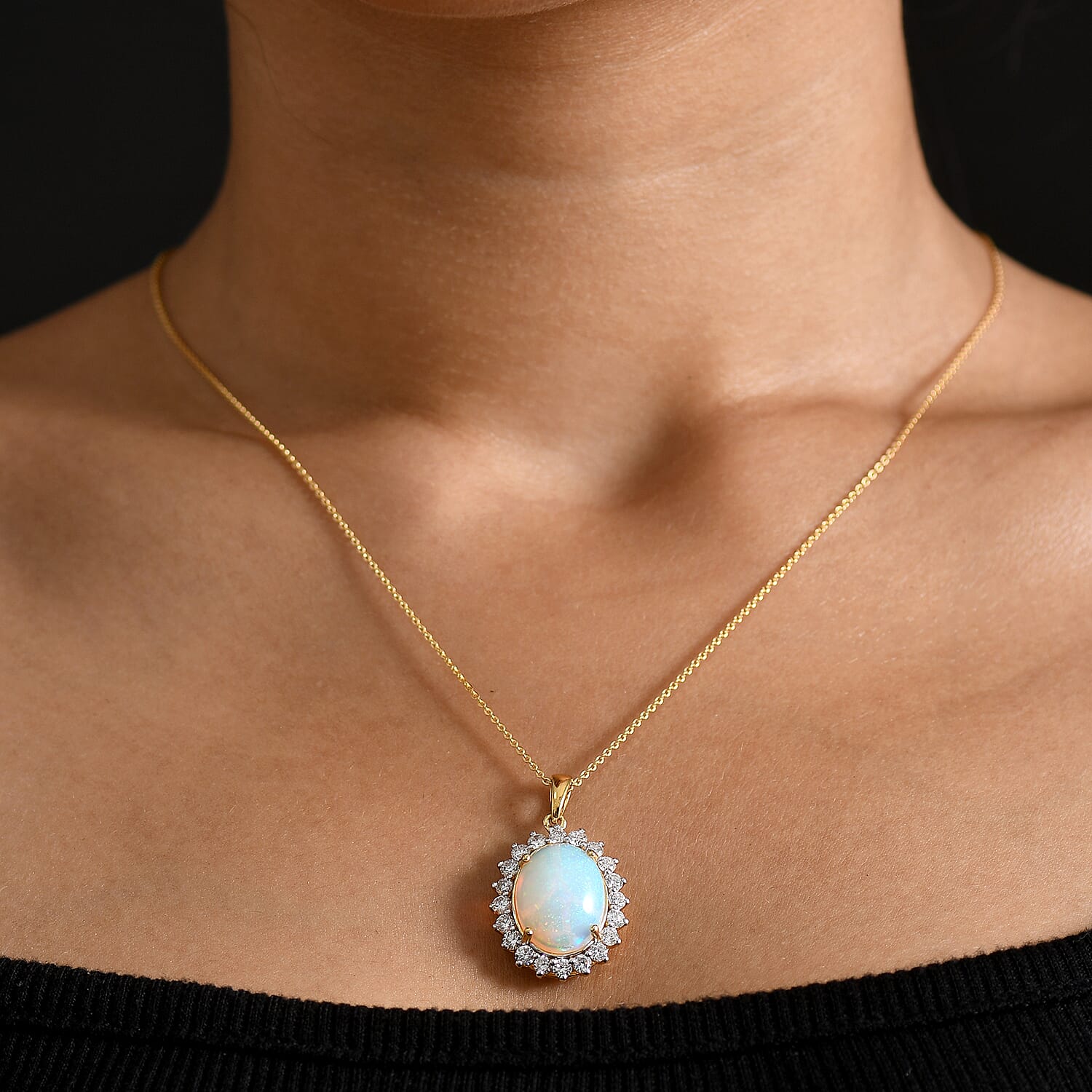 Luxuriant - Ethiopian Opal & Lab Grown Diamond (SI-G-H) Halo Pendant with Chain (Size 20) in 18K Vermeil Yellow Gold Plated Sterling Silver 6.70 Ct.