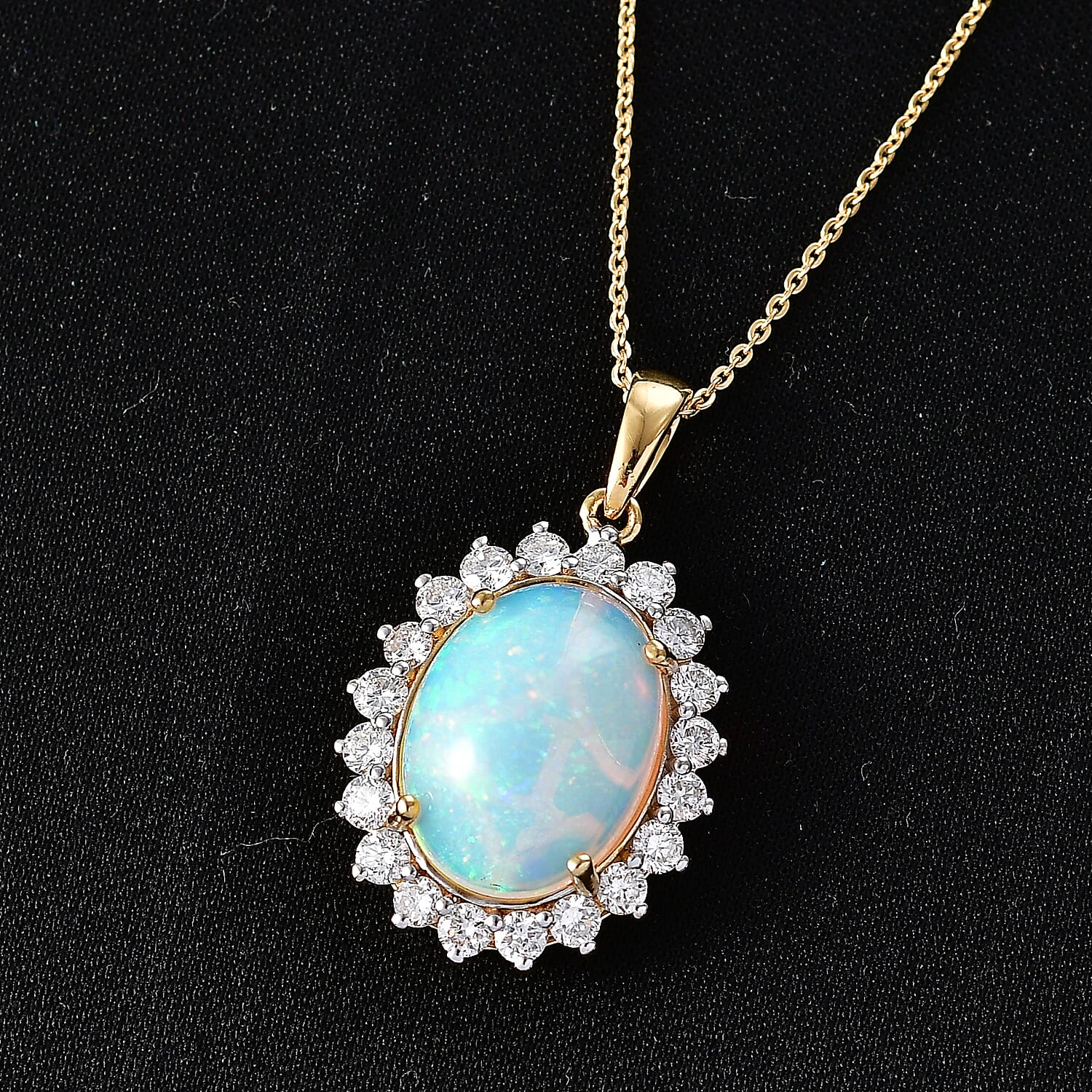 Luxuriant - Ethiopian Opal & Lab Grown Diamond (SI-G-H) Halo Pendant with Chain (Size 20) in 18K Vermeil Yellow Gold Plated Sterling Silver 6.70 Ct.