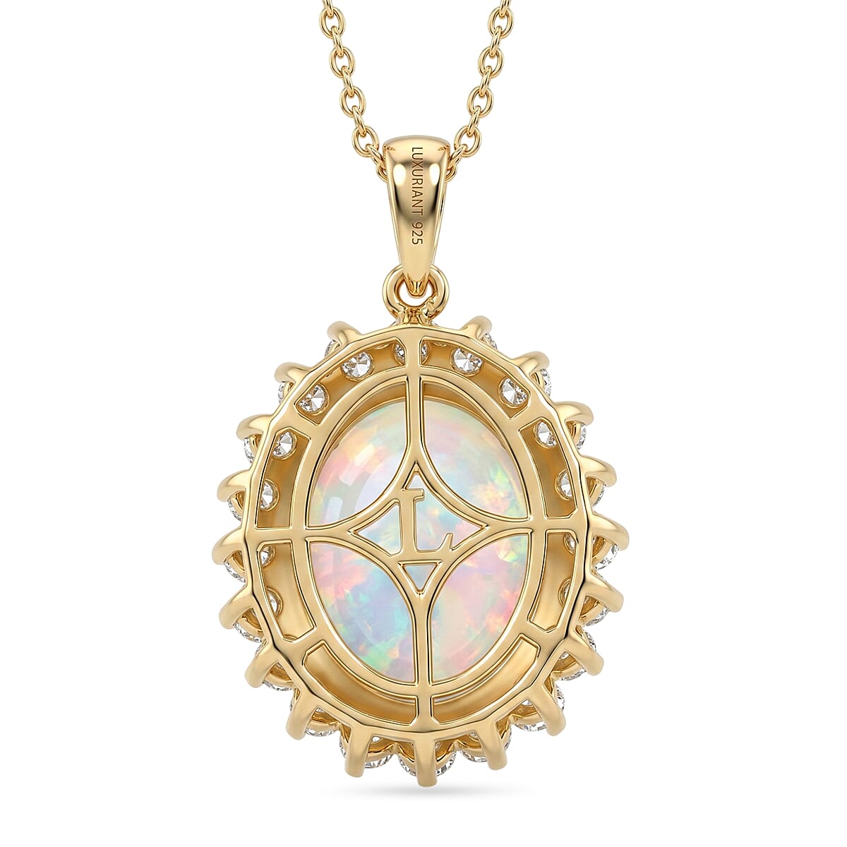 Luxuriant - Ethiopian Opal & Lab Grown Diamond (SI-G-H) Halo Pendant with Chain (Size 20) in 18K Vermeil Yellow Gold Plated Sterling Silver 6.70 Ct.