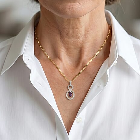 D'Joy - Natural Radiant Ember Garnet & White Zircon Drop Pendant with Chain (Size 20) in Yellow Gold Plated Sterling Silver 1.00 Ct.