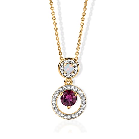 D'Joy - Radiant Ember Garnet, White Zircon & Ethiopian Opal Pendant with Chain (Size 20) in 18K Vermeil Yellow Gold Plated Sterling Silver 1.10 Ct.