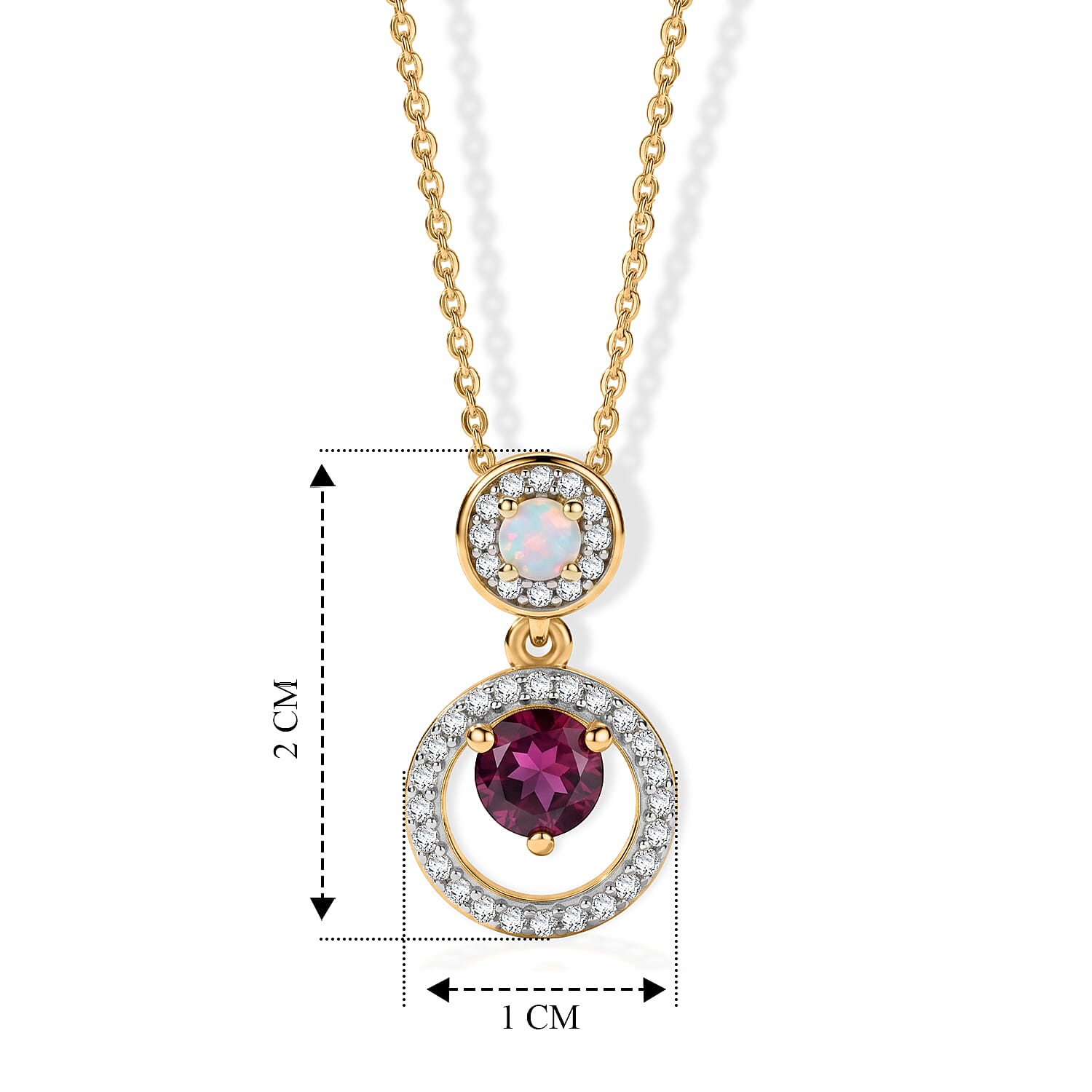 D'Joy - Radiant Ember Garnet, White Zircon & Ethiopian Opal Pendant with Chain (Size 20) in 18K Vermeil Yellow Gold Plated Sterling Silver 1.10 Ct.