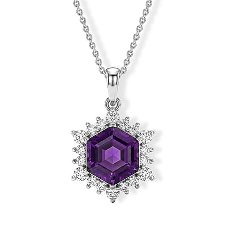 D'Joy - Moroccan Amethyst & White Zircon Pendant with Chain (Size 20) in Rhodium Overlay Sterling Silver 5.50 Ct.