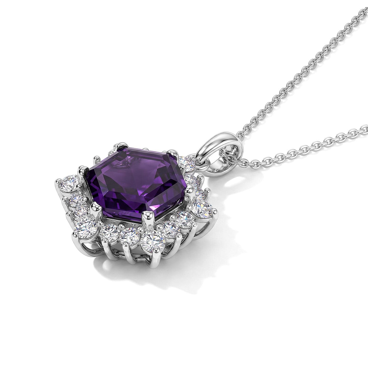 D'Joy - Moroccan Amethyst & White Zircon Pendant with Chain (Size 20) in Rhodium Overlay Sterling Silver 5.50 Ct.