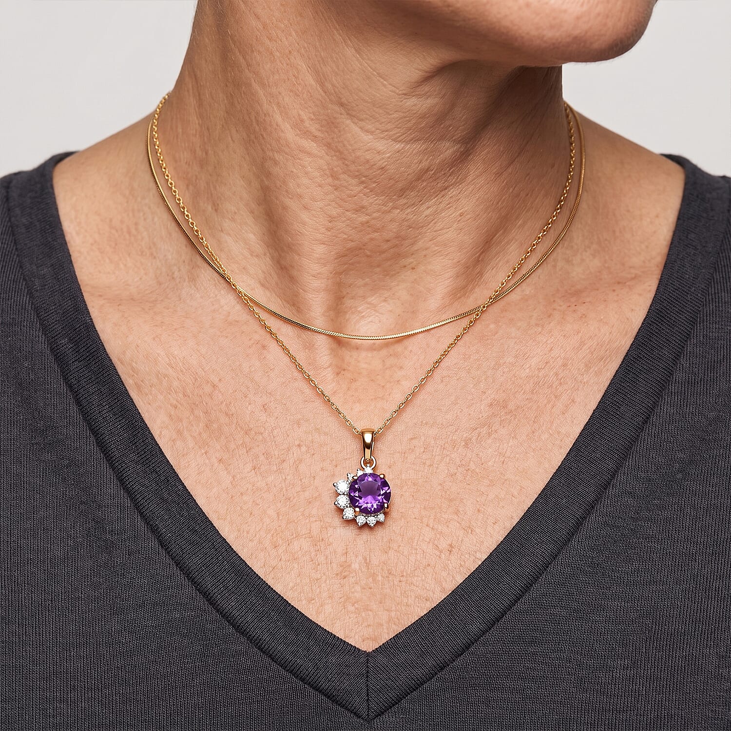 D'Joy - Moroccan Amethyst & White Zircon Pendant with Chain (Size 20) in Yellow Gold Plated Sterling Silver 1.70 Ct.
