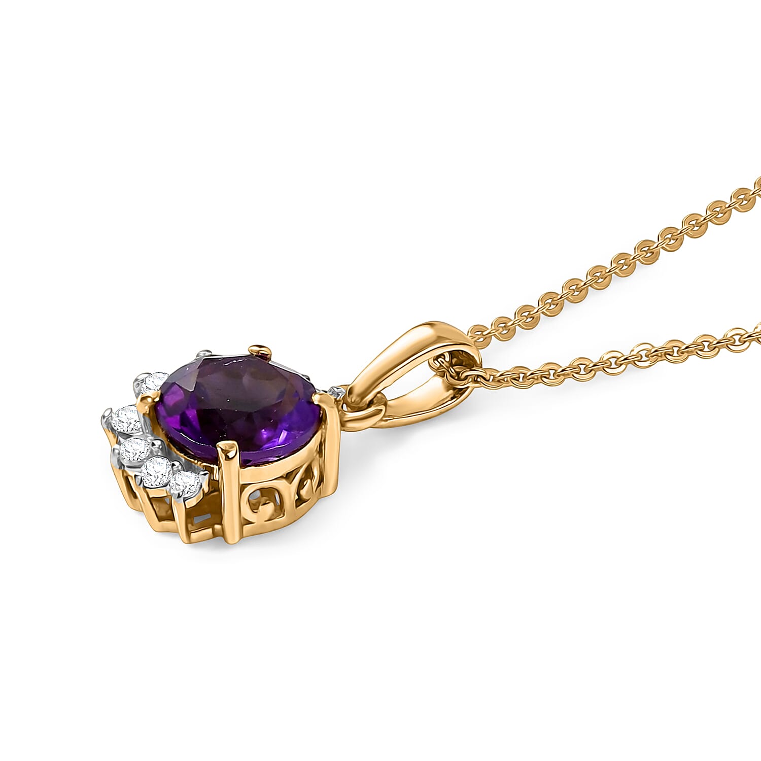 D'Joy - Moroccan Amethyst & White Zircon Pendant with Chain (Size 20) in Yellow Gold Plated Sterling Silver 1.70 Ct.