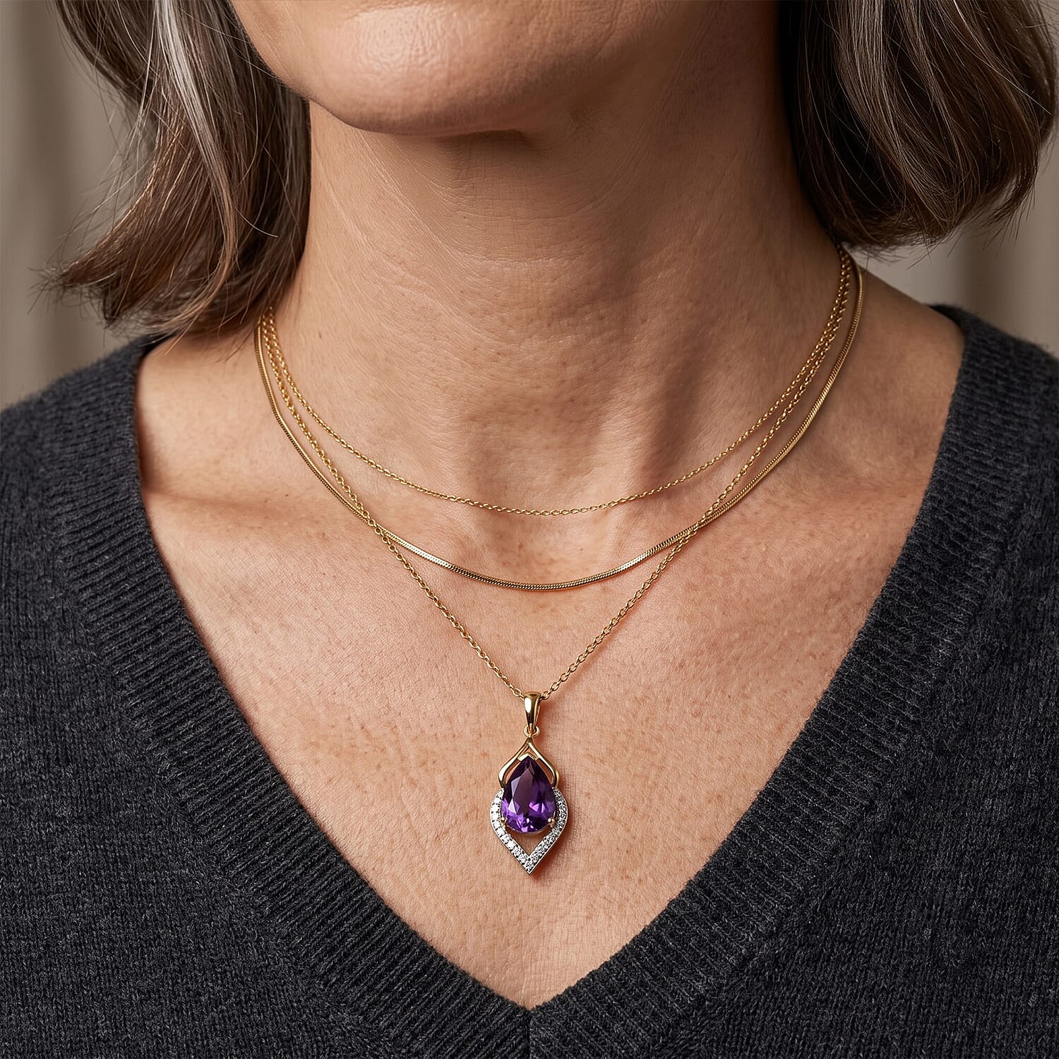 D'Joy - Moroccan Amethyst & White Zircon Pendant with Chain (Size 20) in Yellow Gold Plated Sterling Silver 3.00 Ct.
