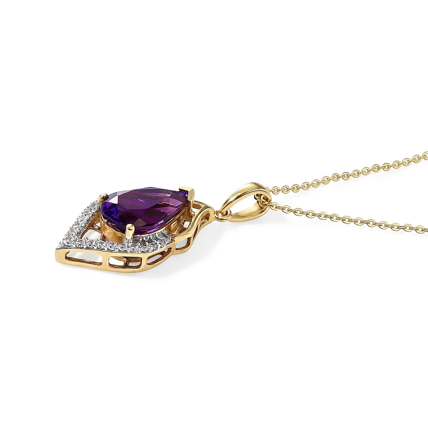D'Joy - Moroccan Amethyst & White Zircon Pendant with Chain (Size 20) in Yellow Gold Plated Sterling Silver 3.00 Ct.