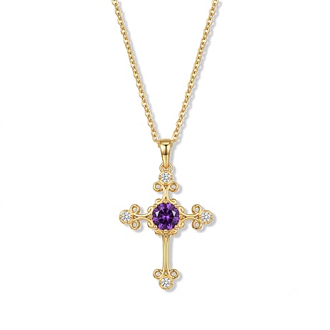 D'Joy - Moroccan Amethyst & White Zircon Pendant with Chain (Size 20) in Yellow Gold Plated Sterling Silver 1.60 Ct.