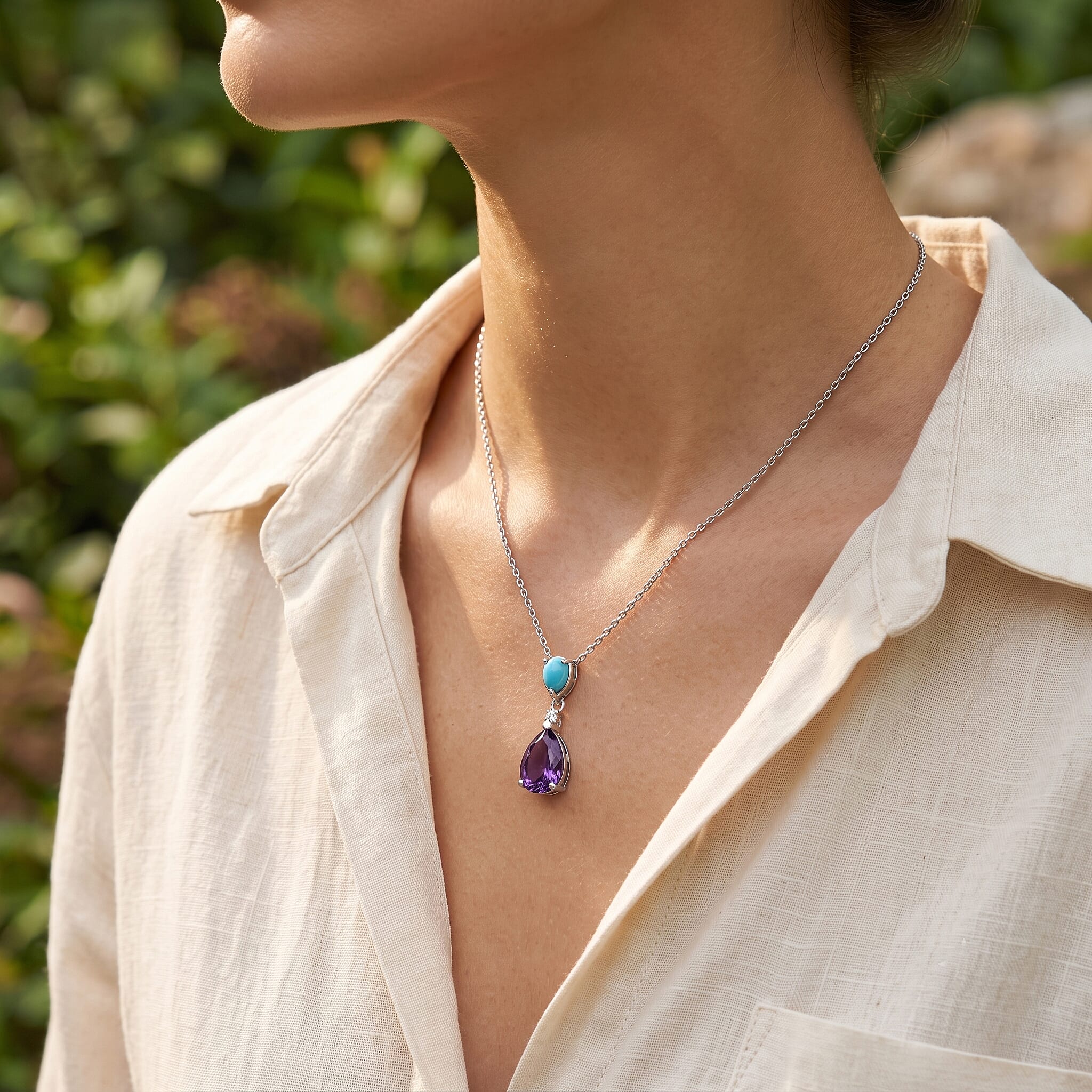 D'Joy - Natural Moroccan Amethyst, Sleeping Beauty Turquoise & White Zircon Drop Pendant with Chain (Size 20) in Platinum Overlay Sterling Silver 2.06 Ct.