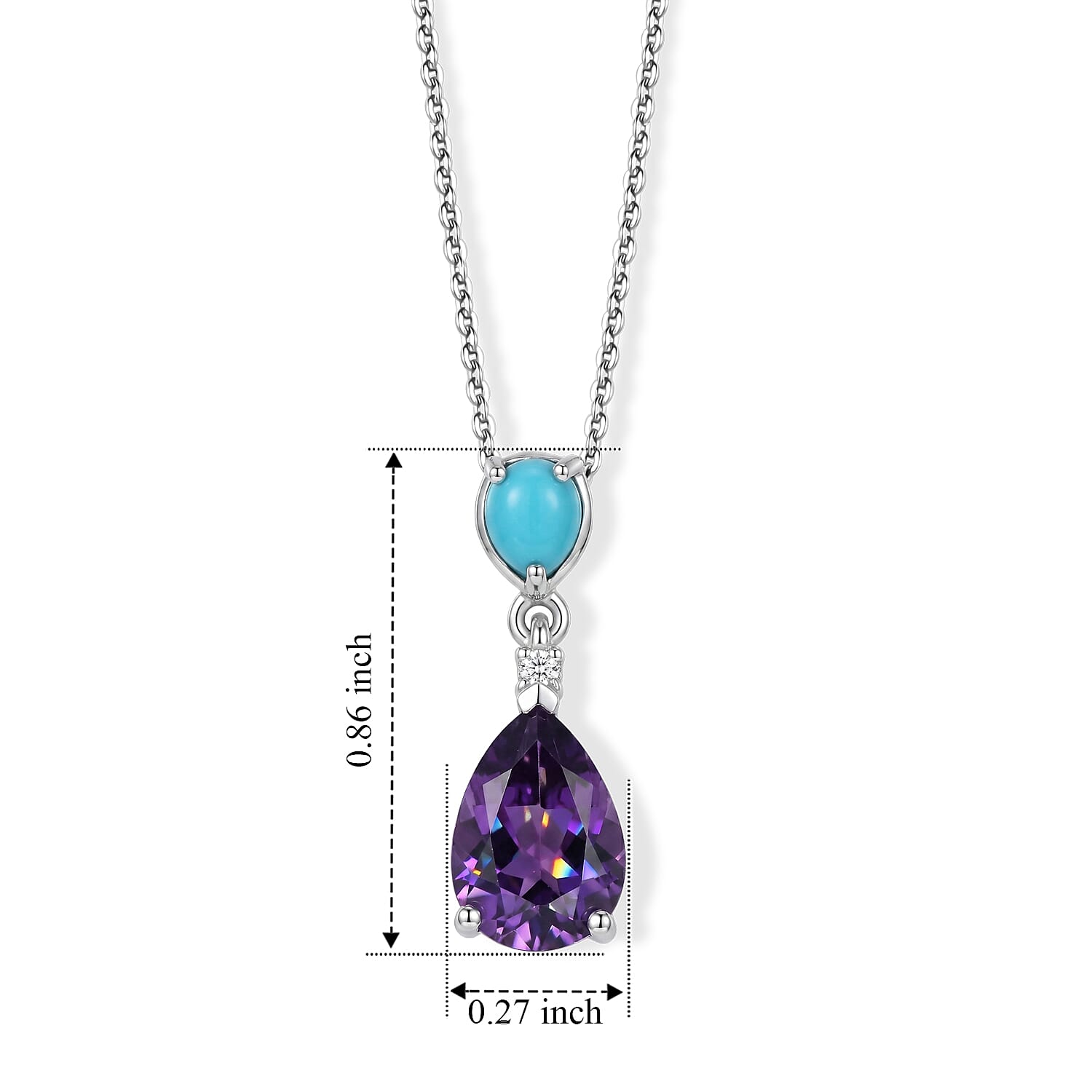 D'Joy - Natural Moroccan Amethyst, Sleeping Beauty Turquoise & White Zircon Drop Pendant with Chain (Size 20) in Platinum Overlay Sterling Silver 2.06 Ct.
