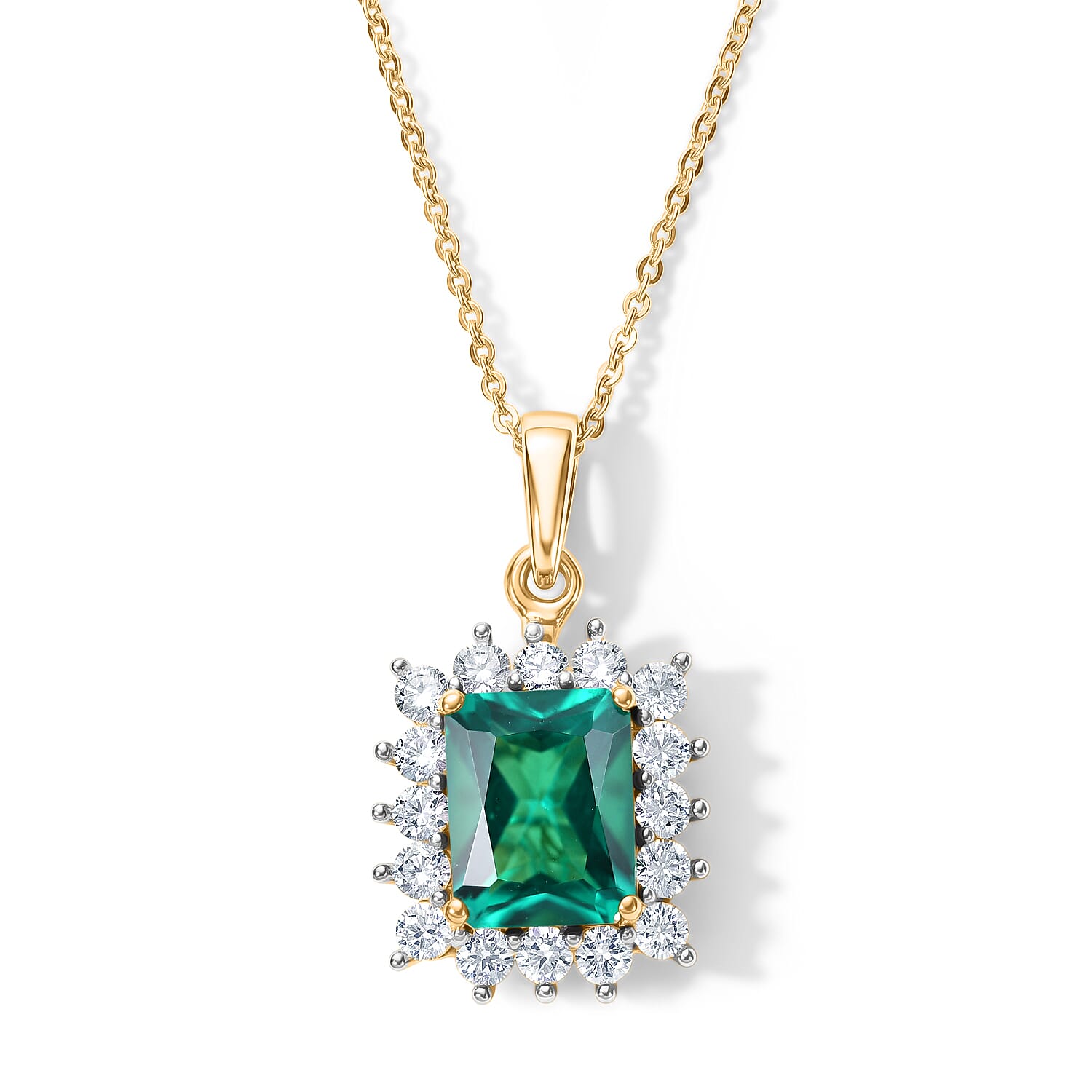 Lab Grown Columbian Emerald & Lab Grown Diamond (SI-G-H) Pendant with Chain (Size 20) in 18K Vermeil Yellow Gold Plated Sterling Silver 2.80 Ct.