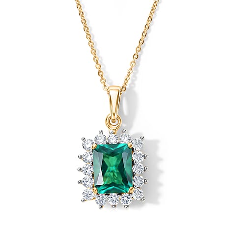 Lab Grown Columbian Emerald & Lab Grown Diamond (SI-G-H) Pendant with Chain (Size 20) in 18K Vermeil Yellow Gold Plated Sterling Silver 2.80 Ct.