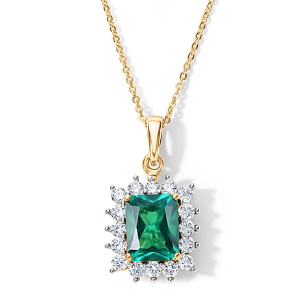 Lab Grown Columbian Emerald & Lab Grown Diamond (SI-G-H) Halo Pendant with Chain (Size 20) in 18K Vermeil Yellow Gold Plated Sterling Silver 2.80 Ct. Lab Grown Columbian Emerald & Lab Grown Diamond (SI-G-H) Halo Pendant with Chain (Size 20) in 18K Vermeil Yellow Gold Plated Sterling Silver 2.80 Ct.