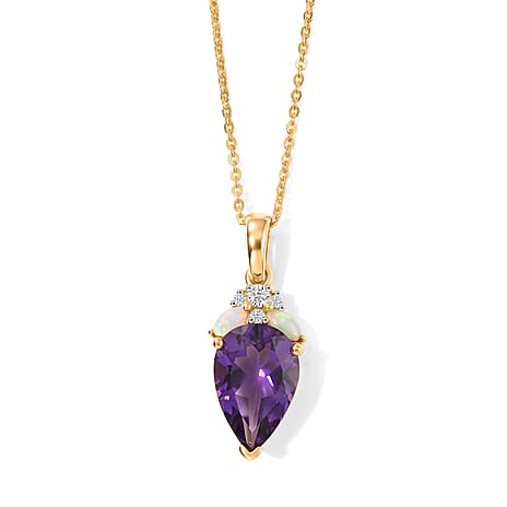 D'Joy - Moroccan Amethyst, Ethiopian Opal & White Zircon Pendant with Chain (Size 20) in Yellow Gold Plated Sterling Silver 2.30 Ct