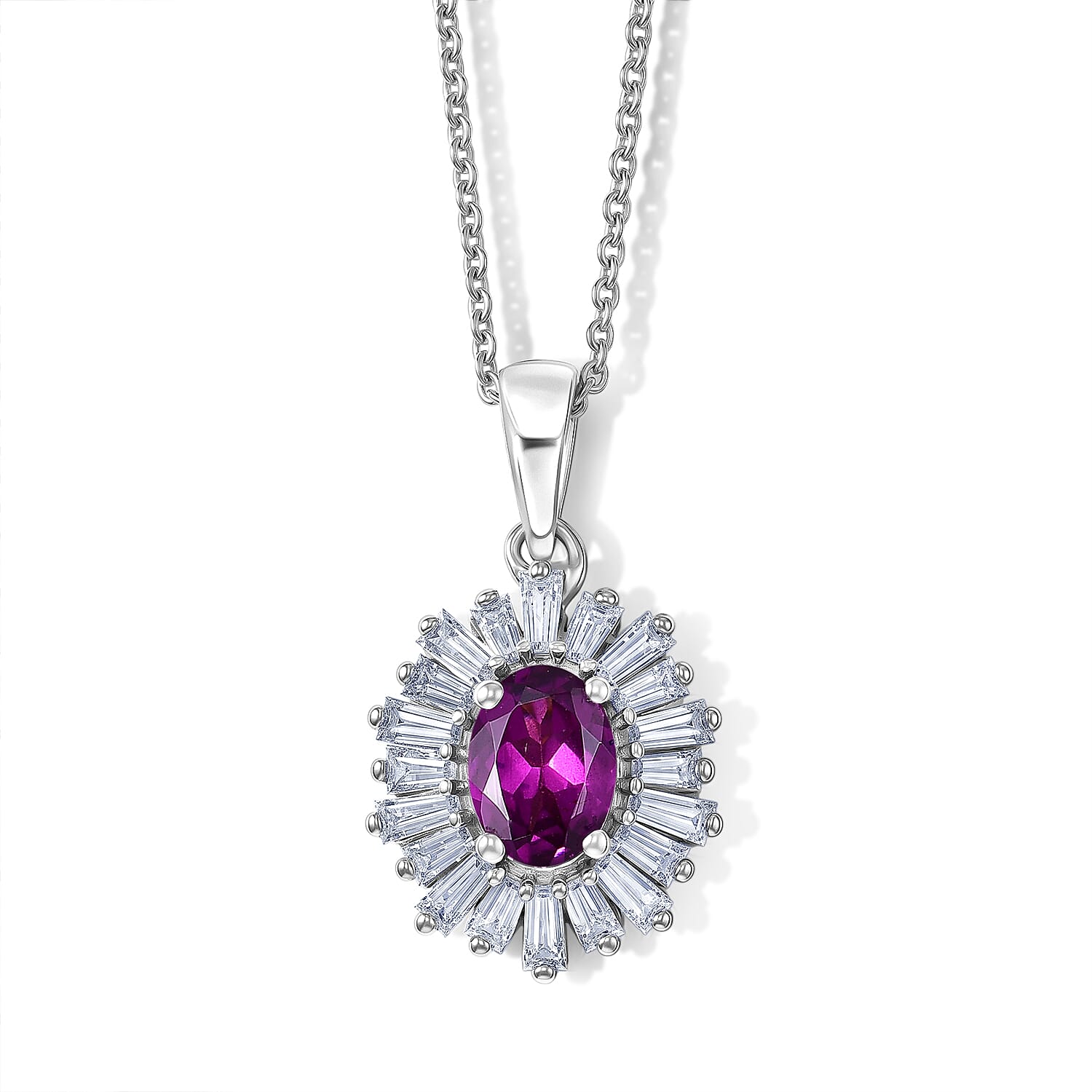 D'Joy - Radiant Ember Garnet & Moissanite Pendant with Chain (Size 20) in Rhodium Overlay Sterling Silver 1.50 Ct.
