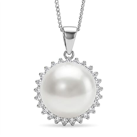 D'Joy - AAA White Edison Pearl (12-13mm) & Lab Grown Diamond Halo Pendant with Chain (Size 18) in Rhodium Overlay Sterling Silver 13.90 Ct.
