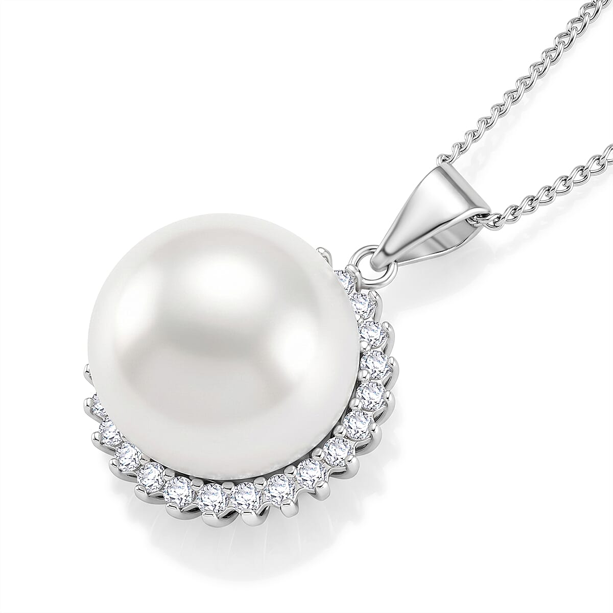 D'Joy - AAA White Edison Pearl (12-13mm) & Lab Grown Diamond Halo Pendant with Chain (Size 18) in Rhodium Overlay Sterling Silver 13.90 Ct.