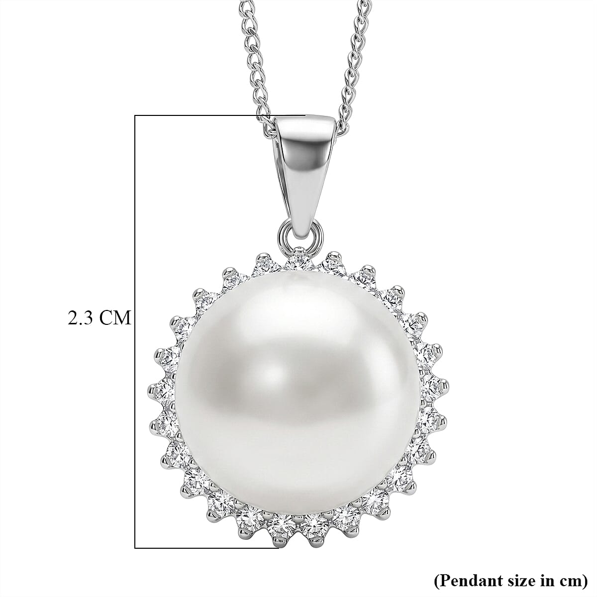 D'Joy - AAA White Edison Pearl (12-13mm) & Lab Grown Diamond Halo Pendant with Chain (Size 18) in Rhodium Overlay Sterling Silver 13.90 Ct.