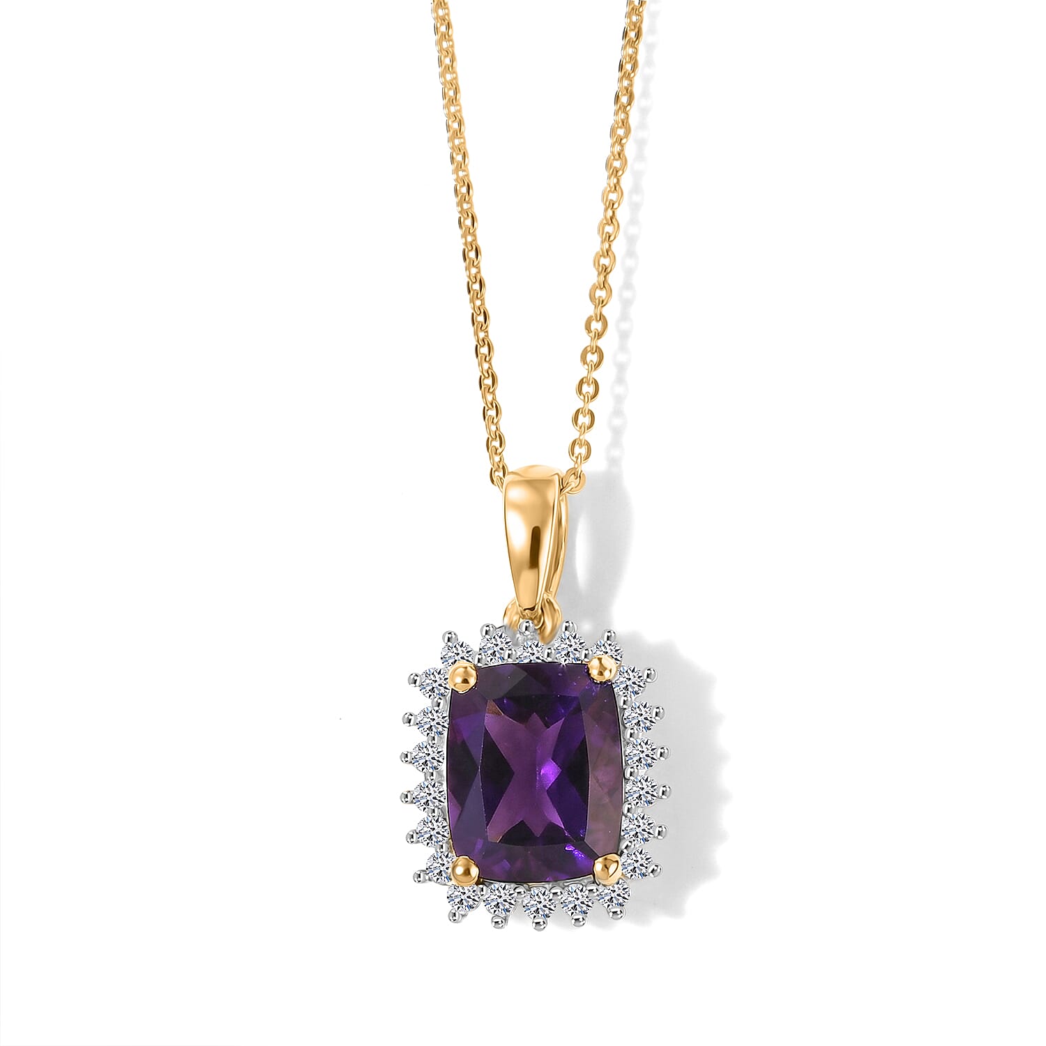Luxuriant - Moroccan Amethyst & Lab Grown Diamond (SI-G-H) Pendant with Chain (Size 20) in 18K Vermeil Yellow Gold Plated Sterling Silver 3.40 Ct.