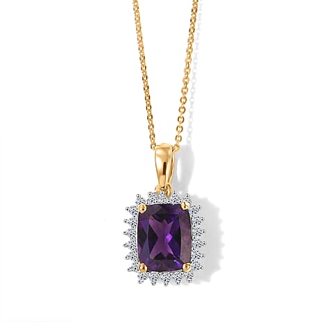 Luxuriant - Moroccan Amethyst & Lab Grown Diamond (SI-G-H) Pendant with Chain (Size 20) in 18K Vermeil Yellow Gold Plated Sterling Silver 3.40 Ct.