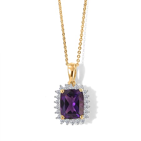 Luxuriant - Natural Moroccan Amethyst & Lab Grown Diamond (SI-G-H) Halo Pendant with Chain (Size 20) in 18K Vermeil Yellow Gold Plated Sterling Silver 3.40 Ct. Luxuriant - Natural Moroccan Amethyst & Lab Grown Diamond (SI-G-H) Halo Pendant with Chain (Size 20) in 18K Vermeil Yellow Gold Plated Sterling Silver 3.40 Ct.