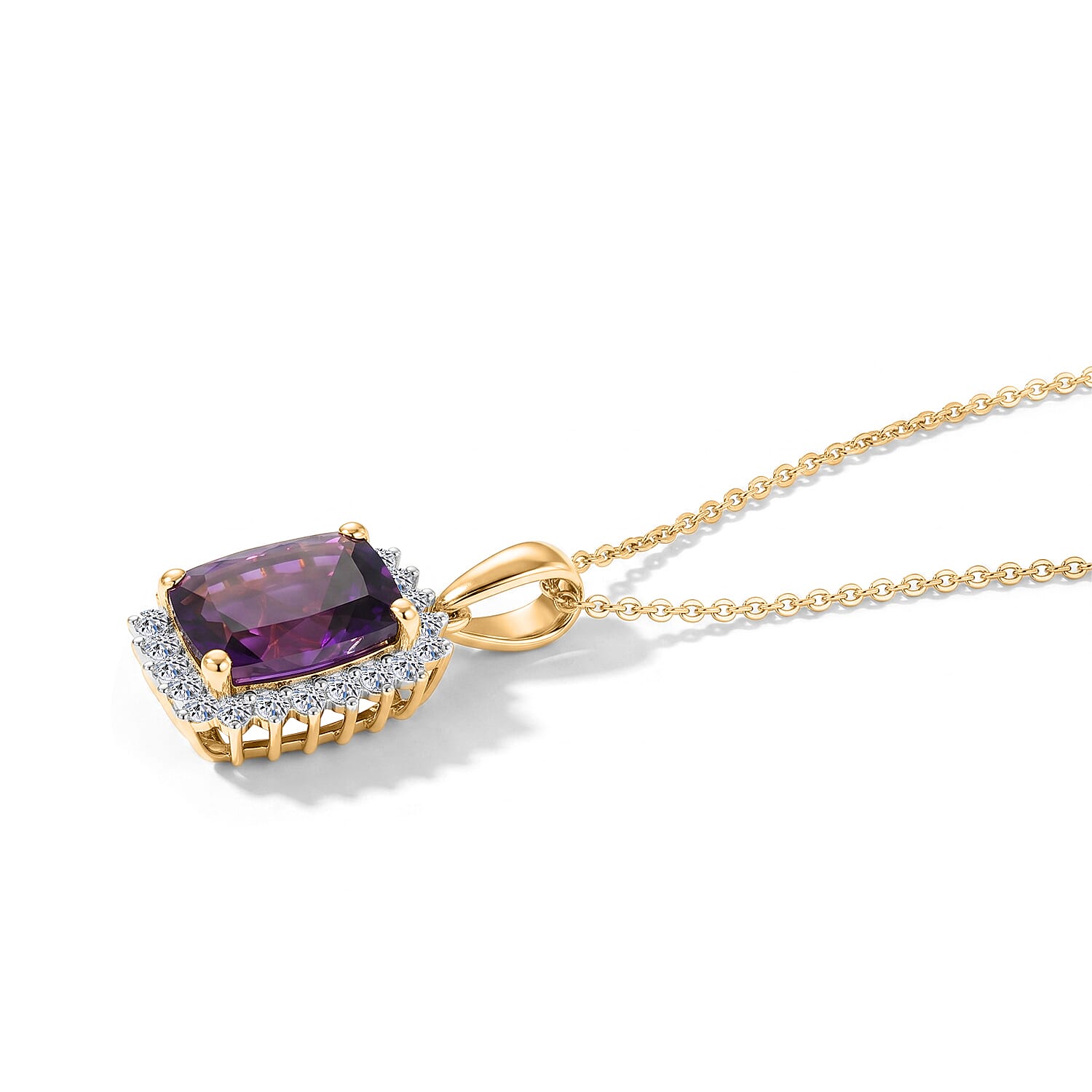 Luxuriant - Moroccan Amethyst & Lab Grown Diamond (SI-G-H) Pendant with Chain (Size 20) in 18K Vermeil Yellow Gold Plated Sterling Silver 3.40 Ct.
