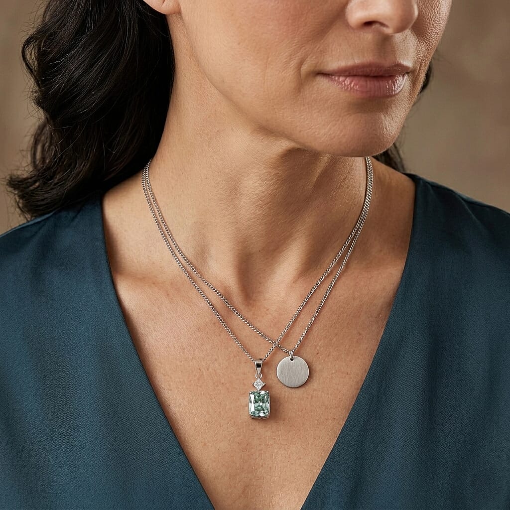 Paraiba Moissanite Drop Pendant with Chain (Size 18) in Rhodium Overlay Sterling Silver 2.45 Ct.