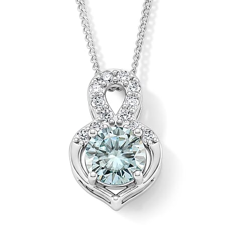 Paraiba Moissanite Heart Pendant with Chain (Size 18) in Rhodium Overlay Sterling Silver 1.17 Ct.