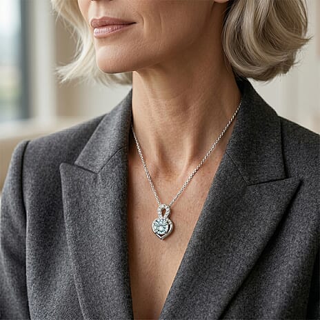 Paraiba Moissanite Heart Pendant with Chain (Size 18) in Rhodium Overlay Sterling Silver 1.17 Ct.
