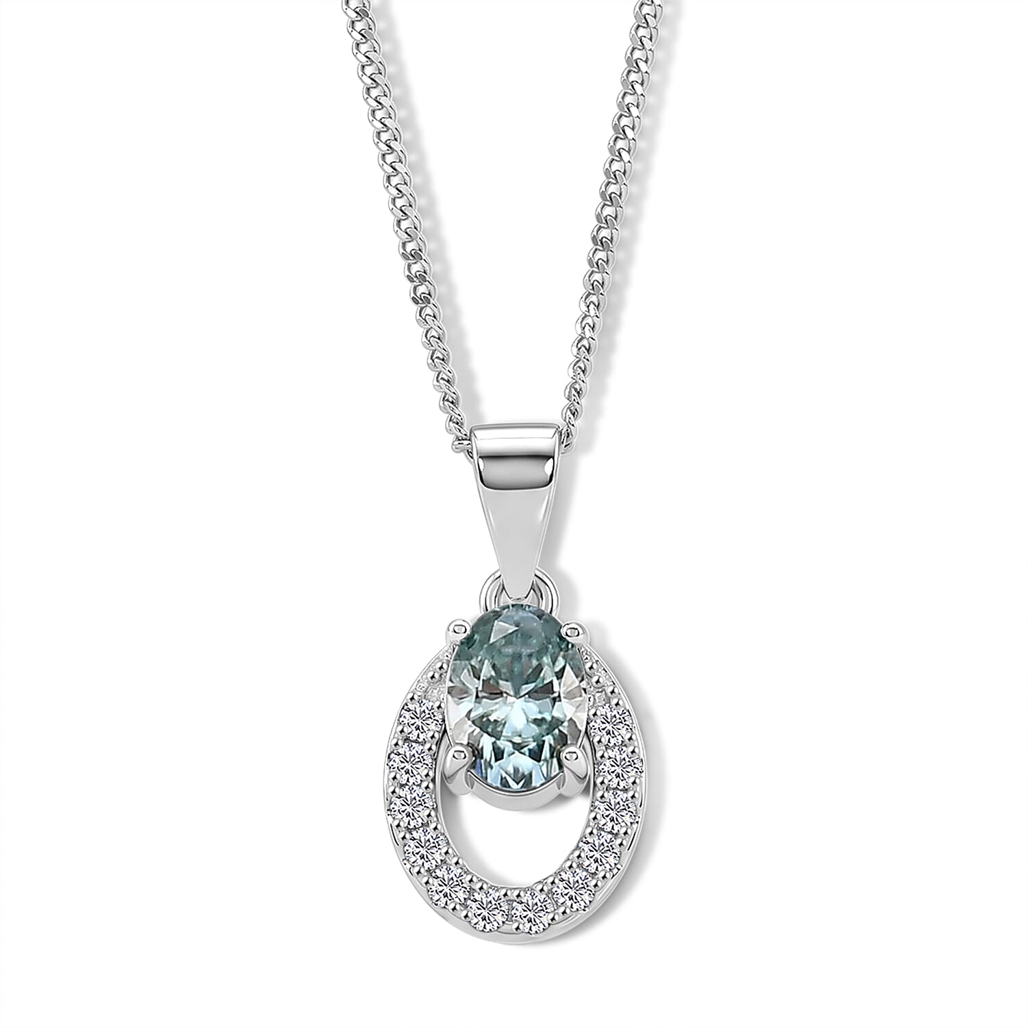 Paraiba Moissanite Circular Halo Pendant with Chain (Size 18) in Rhodium Overlay Sterling Silver 1.00 Ct.
