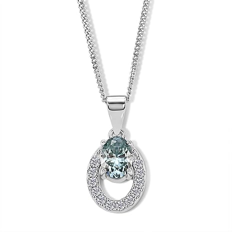 Paraiba Moissanite Circular Halo Pendant with Chain (Size 18) in Rhodium Overlay Sterling Silver 1.00 Ct.