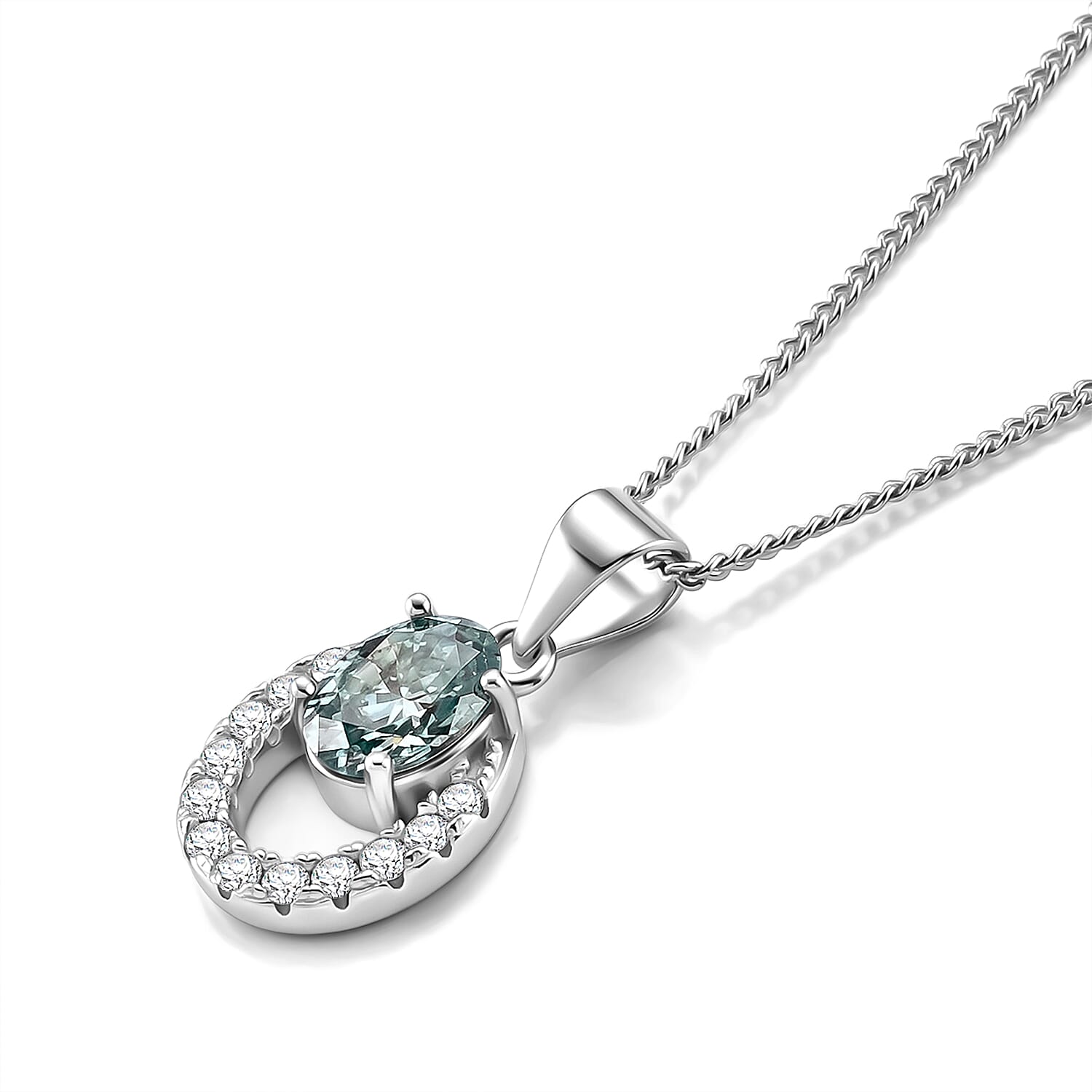 Paraiba Moissanite Circular Halo Pendant with Chain (Size 18) in Rhodium Overlay Sterling Silver 1.00 Ct.