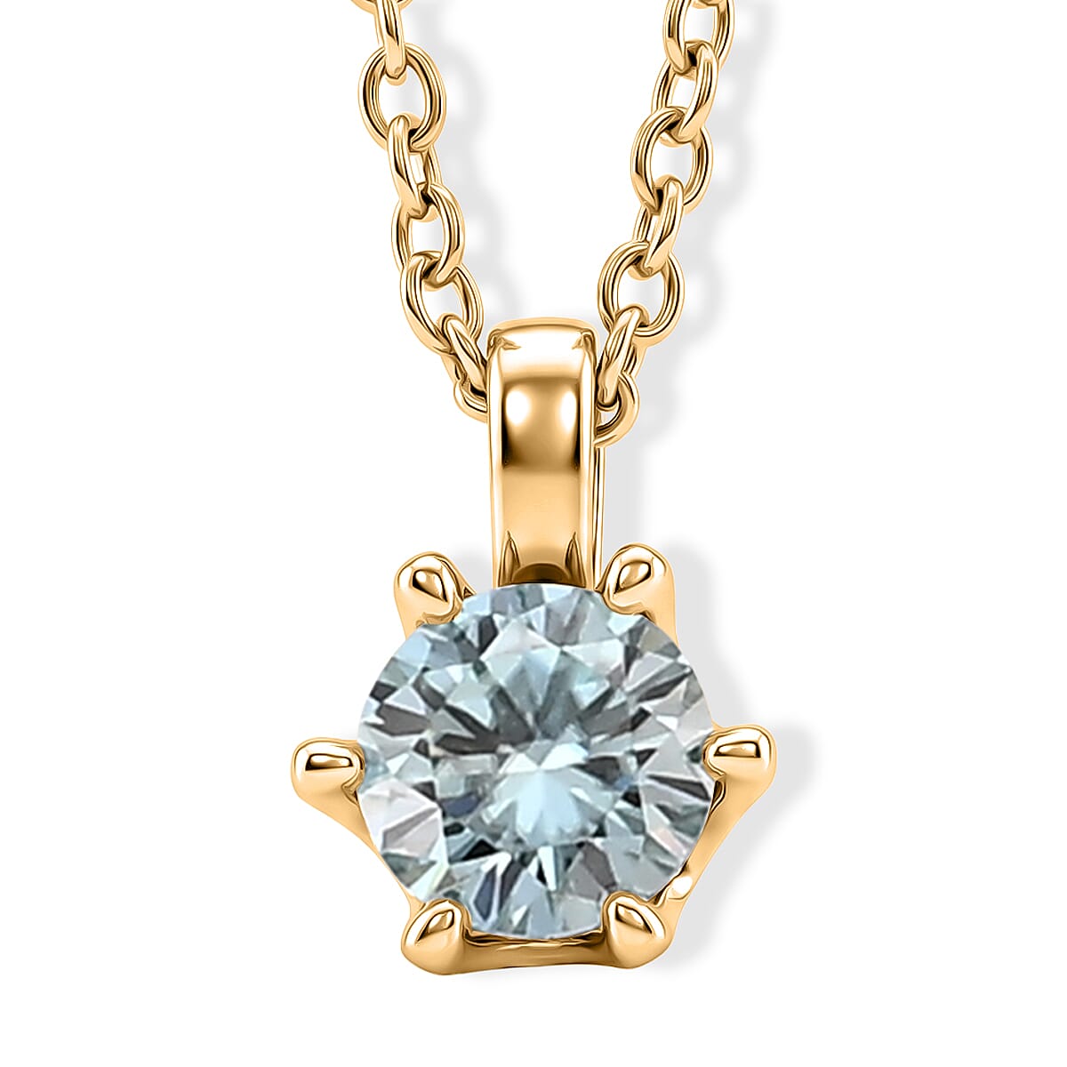 Paraiba Moissanite Solitaire Pendant in Yellow Gold Plated Sterling Silver with Chain (Size - 20)