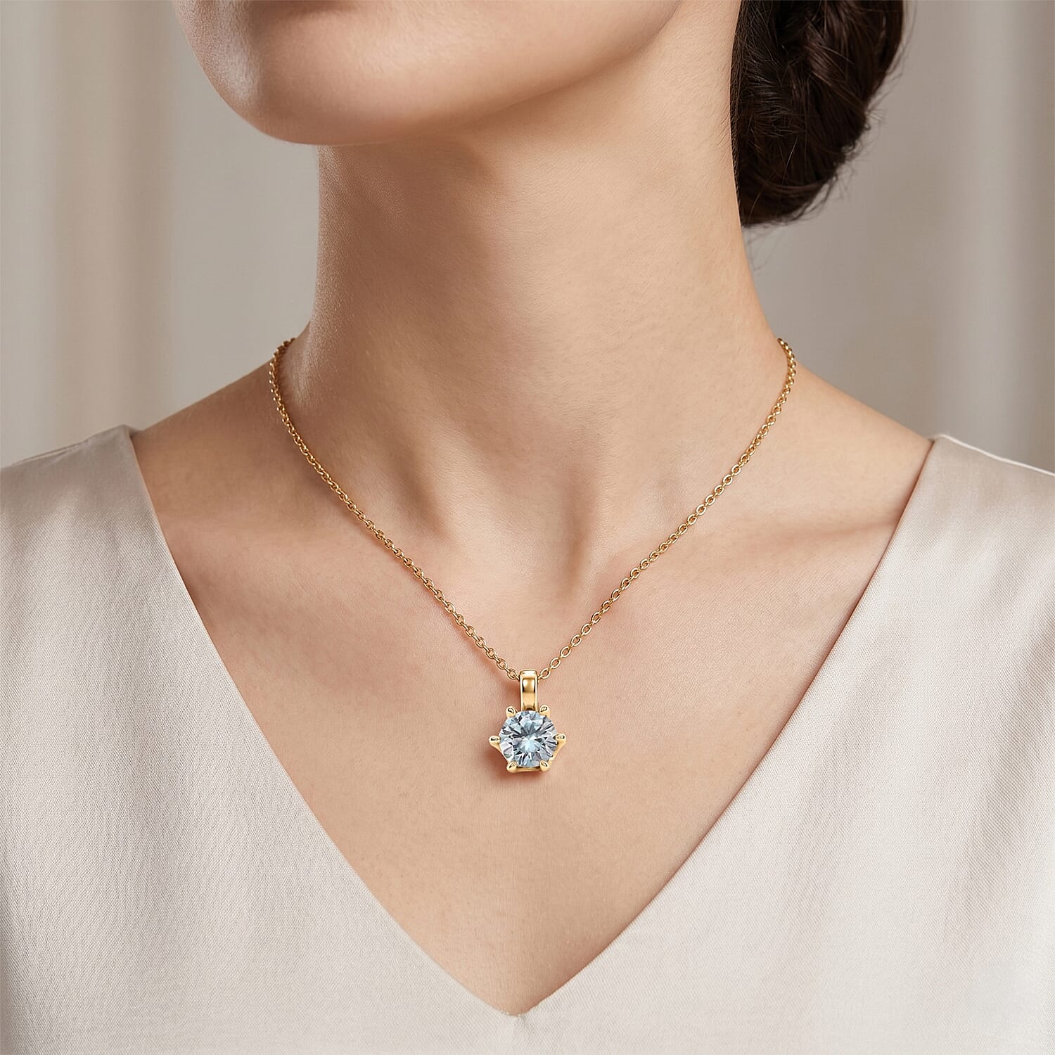 Paraiba Moissanite Solitaire Pendant in Yellow Gold Plated Sterling Silver with Chain (Size - 20)