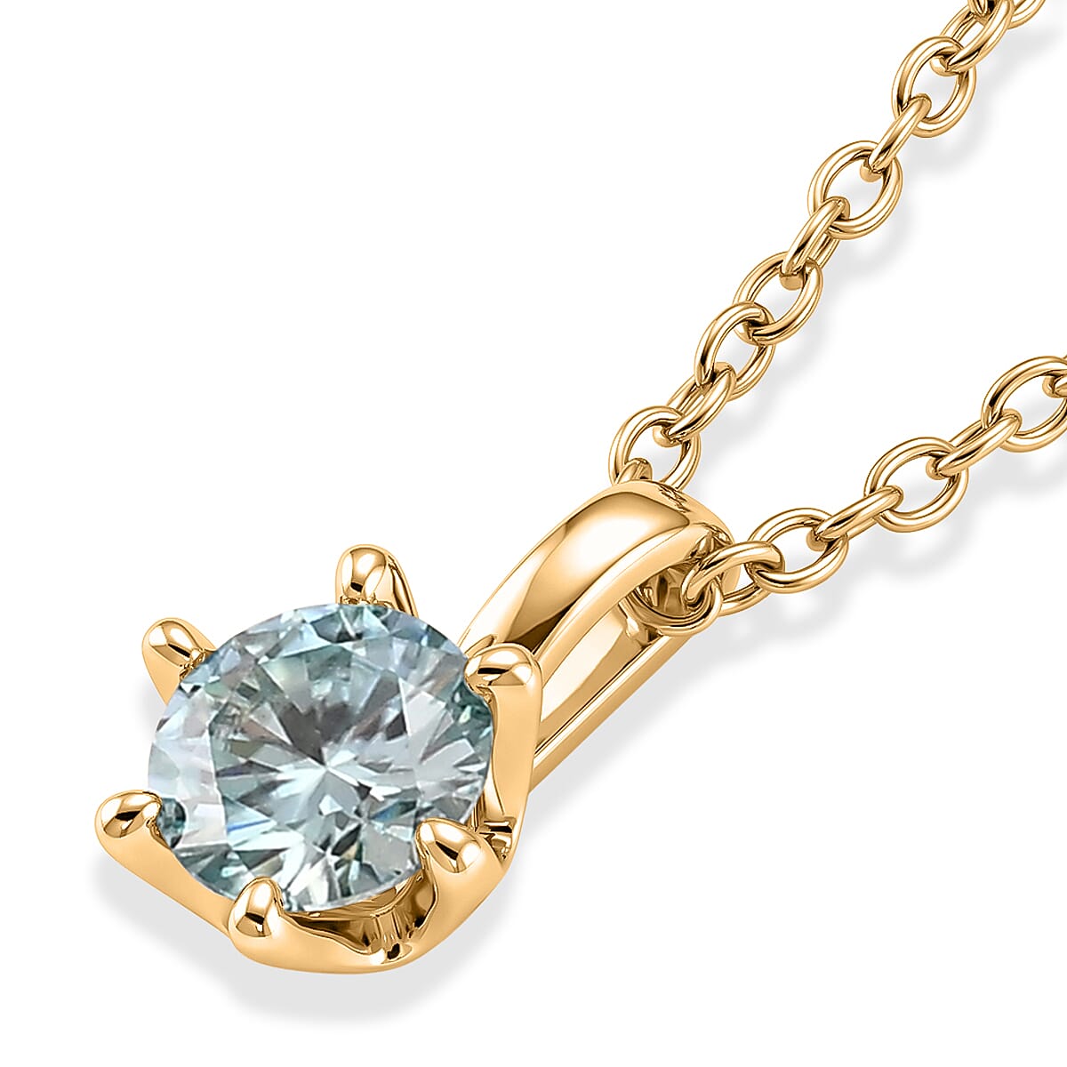 Paraiba Moissanite Solitaire Pendant in Yellow Gold Plated Sterling Silver with Chain (Size - 20)