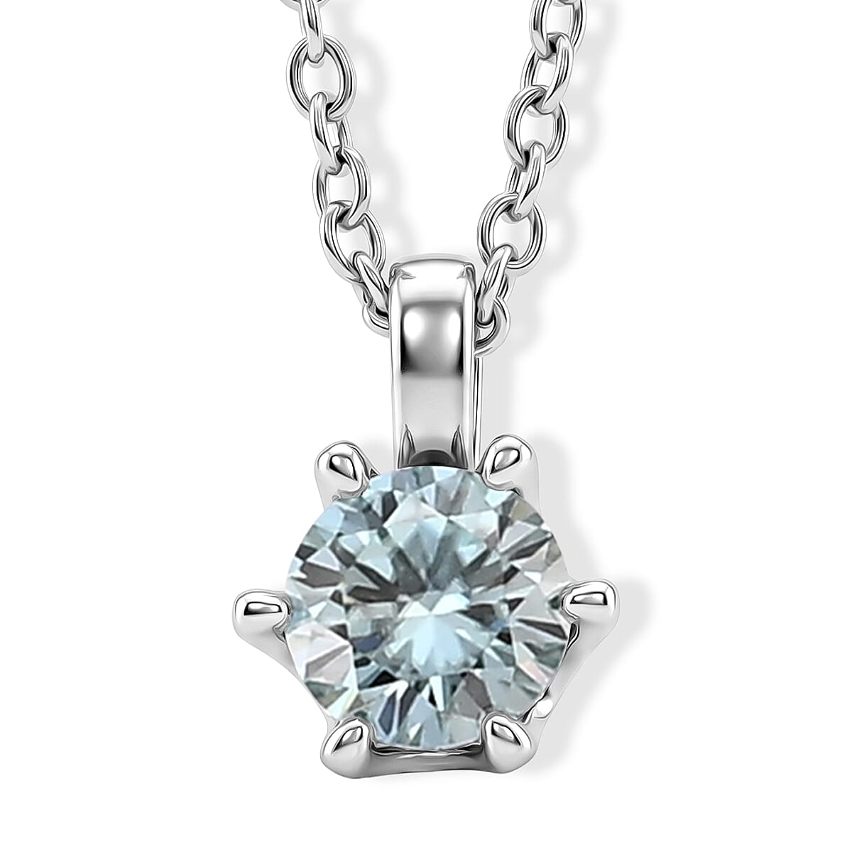 Paraiba Moissanite Solitaire Pendant in Rhodium Overlay Sterling Silver with Chain (Size - 20)