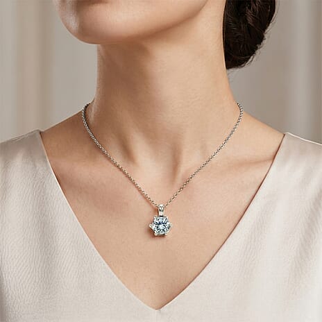 Paraiba Moissanite Solitaire Pendant in Rhodium Overlay Sterling Silver with Chain (Size - 20)