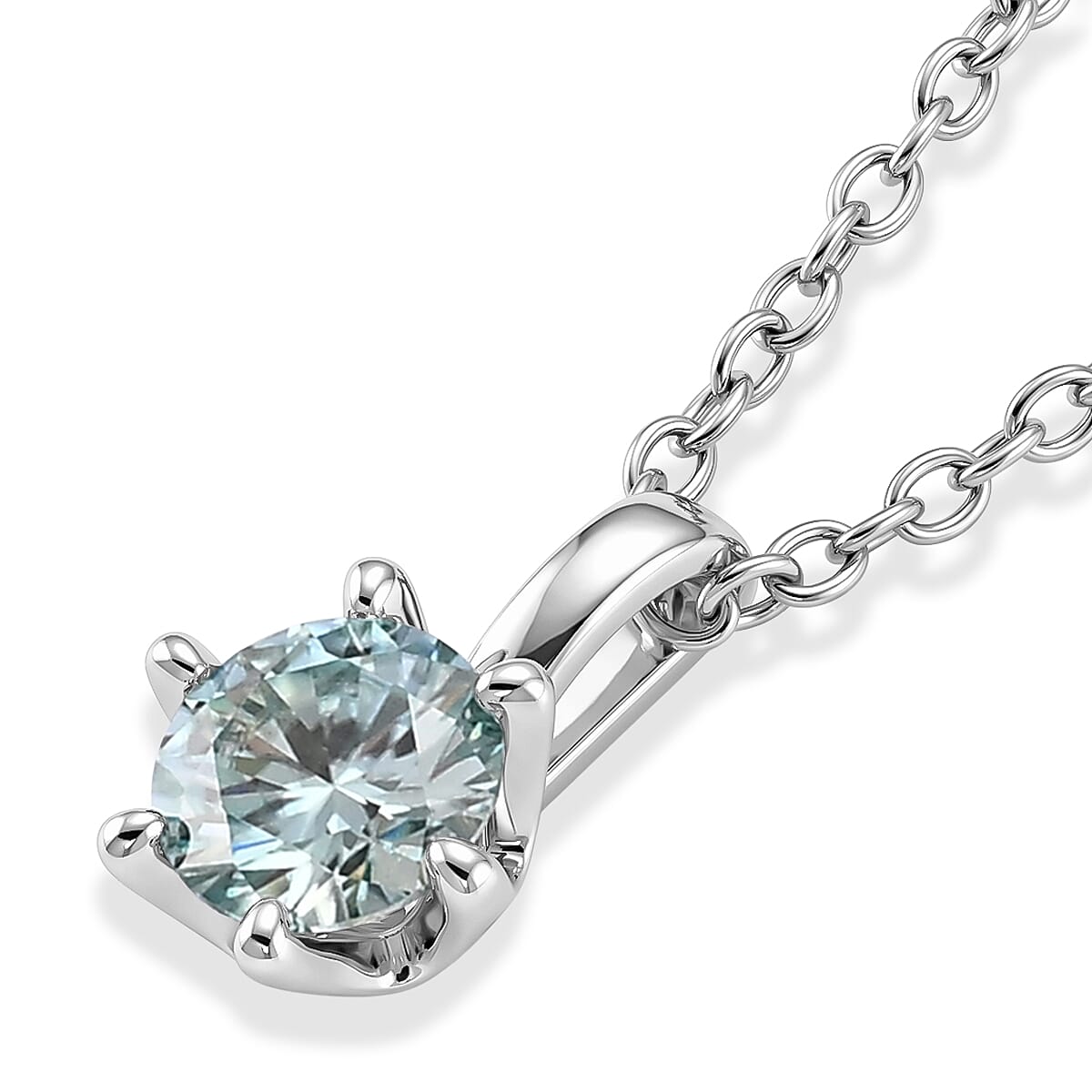 Paraiba Moissanite Solitaire Pendant in Rhodium Overlay Sterling Silver with Chain (Size - 20)