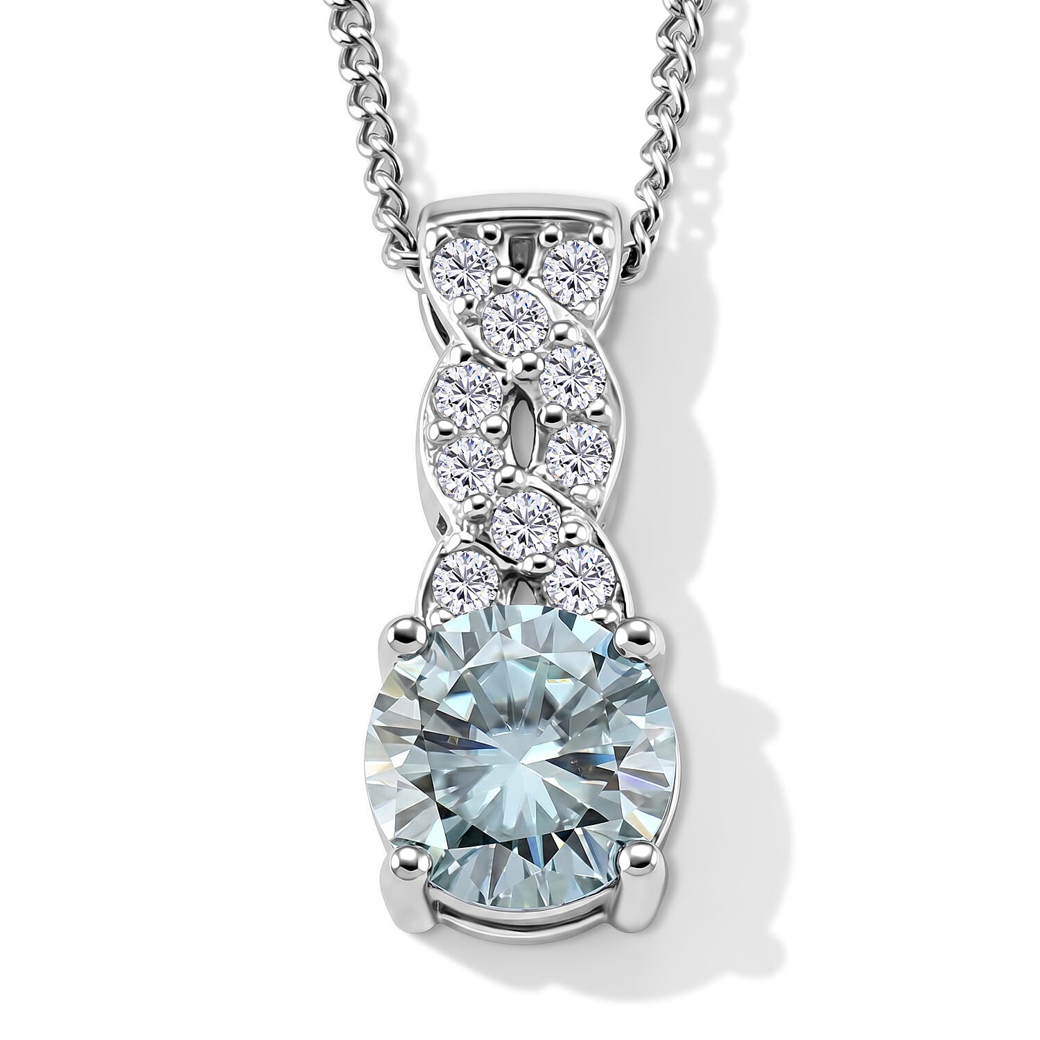 Paraiba Moissanite Infinity Pendant with Chain (Size 18) in Rhodium Overlay Sterling Silver 1.10 Ct.