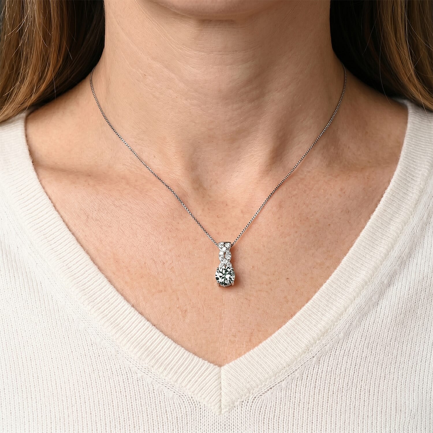 Paraiba Moissanite Infinity Pendant with Chain (Size 18) in Rhodium Overlay Sterling Silver 1.10 Ct.