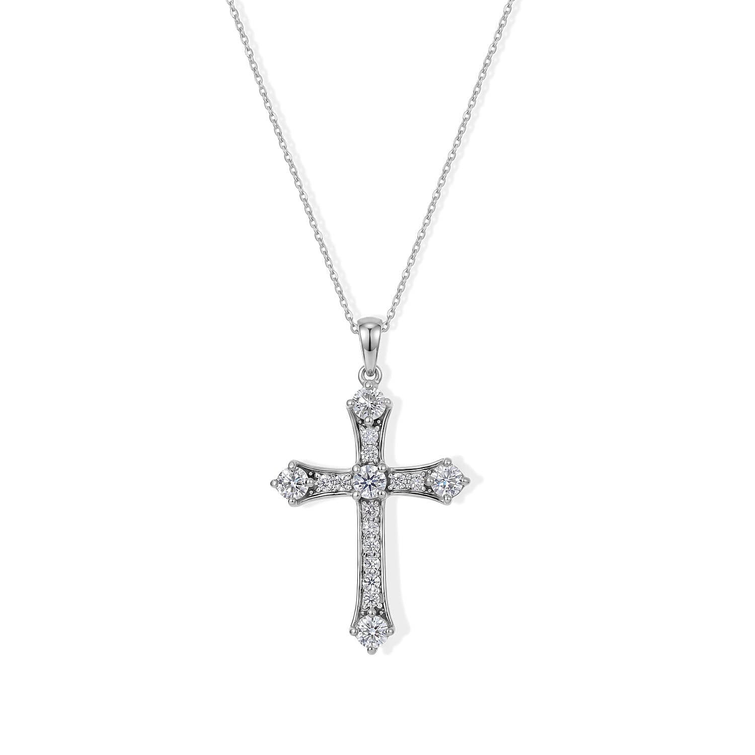 D'Joy - Moissanite Cross Pendant with Chain (Size 20) in Platinum Overlay Sterling Silver 1.56 Ct.
