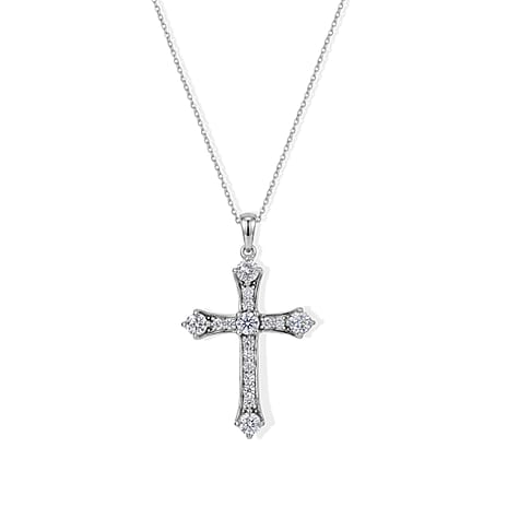 D'Joy - Moissanite Cross Pendant with Chain (Size 20) in Platinum Overlay Sterling Silver 1.56 Ct.