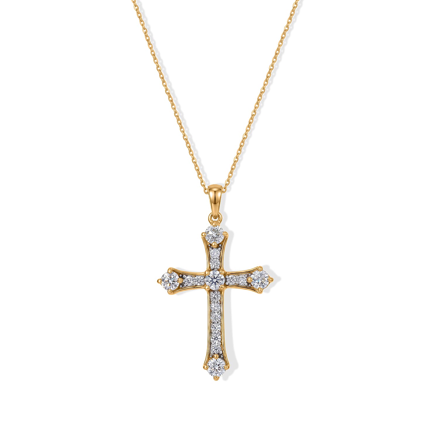 D'Joy - Moissanite Cross Pendant with Chain (Size 20) in Yellow Gold Plated Sterling Silver 1.56 Ct.