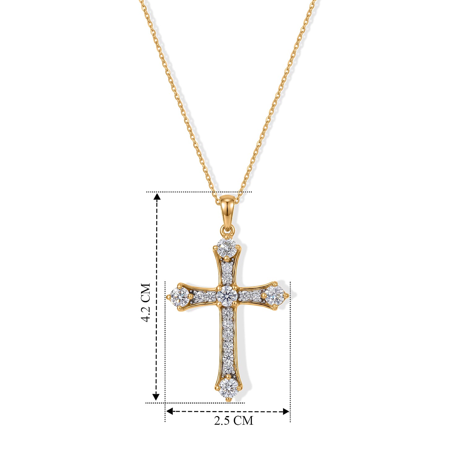 D'Joy - Moissanite Cross Pendant with Chain (Size 20) in Yellow Gold Plated Sterling Silver 1.56 Ct.