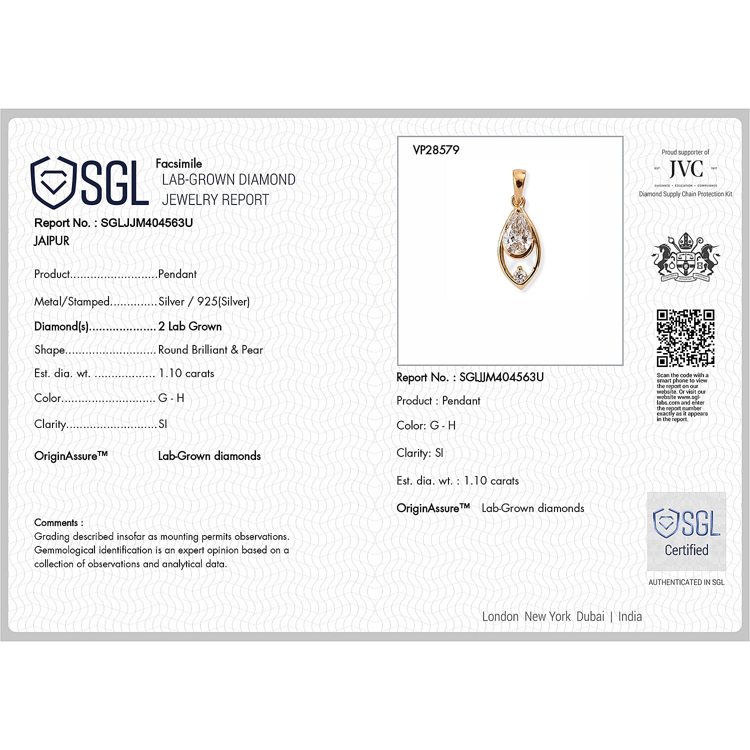 Lucy Q - SGL Certified Lab Grown Diamond (SI-G-H) Pendant with Chain (Size 20) in 18K Vermeil Yellow Gold Plated Sterling Silver 1.10 Ct.