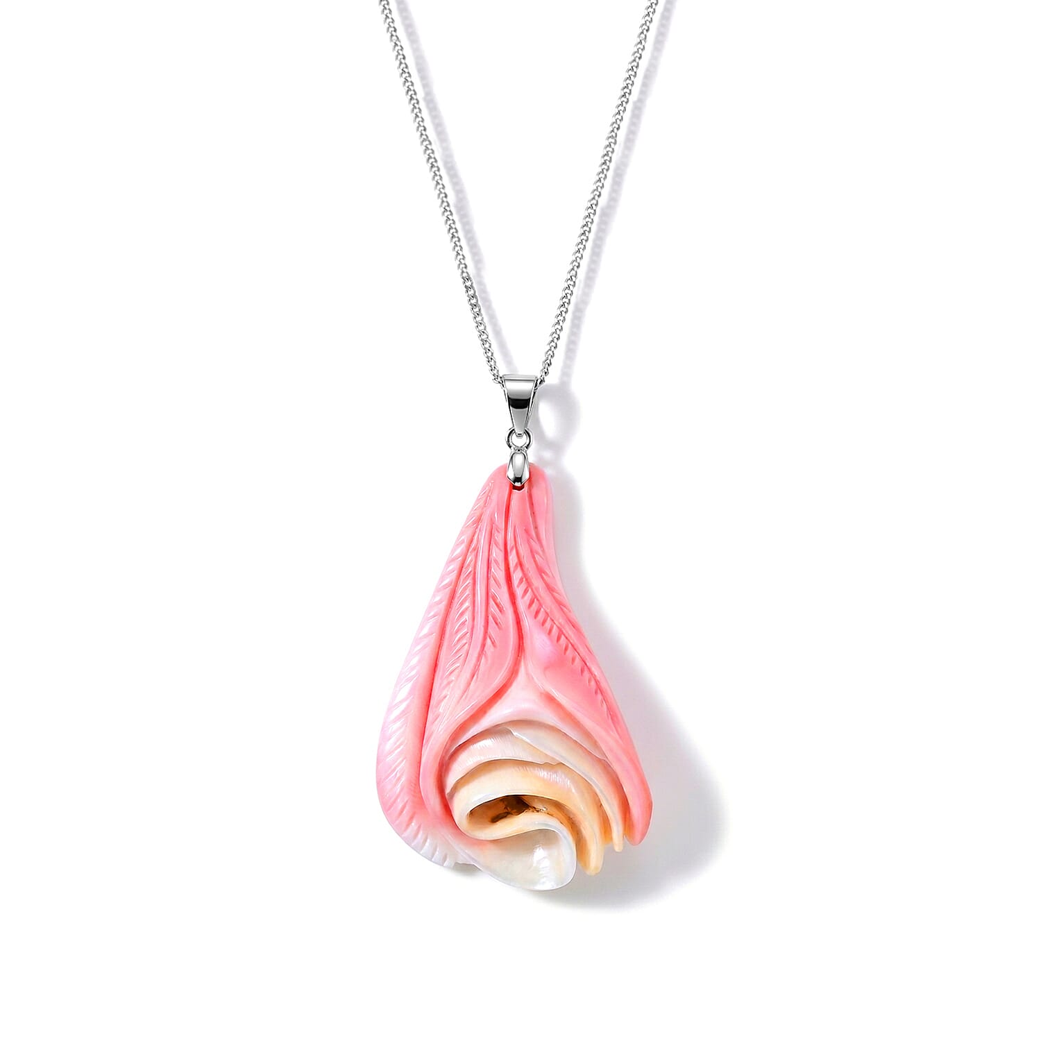 Pink Conch Shell Wave Inspired Drop Pendant with Chain (Size 18) in Rhodium Overlay Sterling Silver 49.00 Ct.