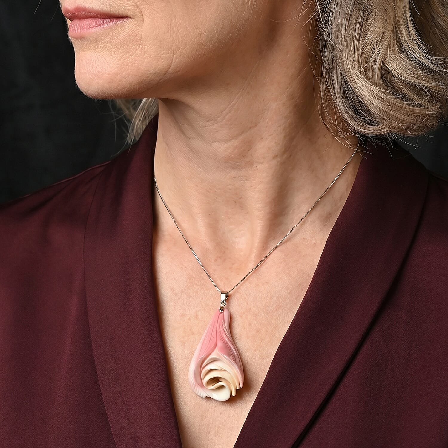 Pink Conch Shell Wave Inspired Drop Pendant with Chain (Size 18) in Rhodium Overlay Sterling Silver 49.00 Ct.