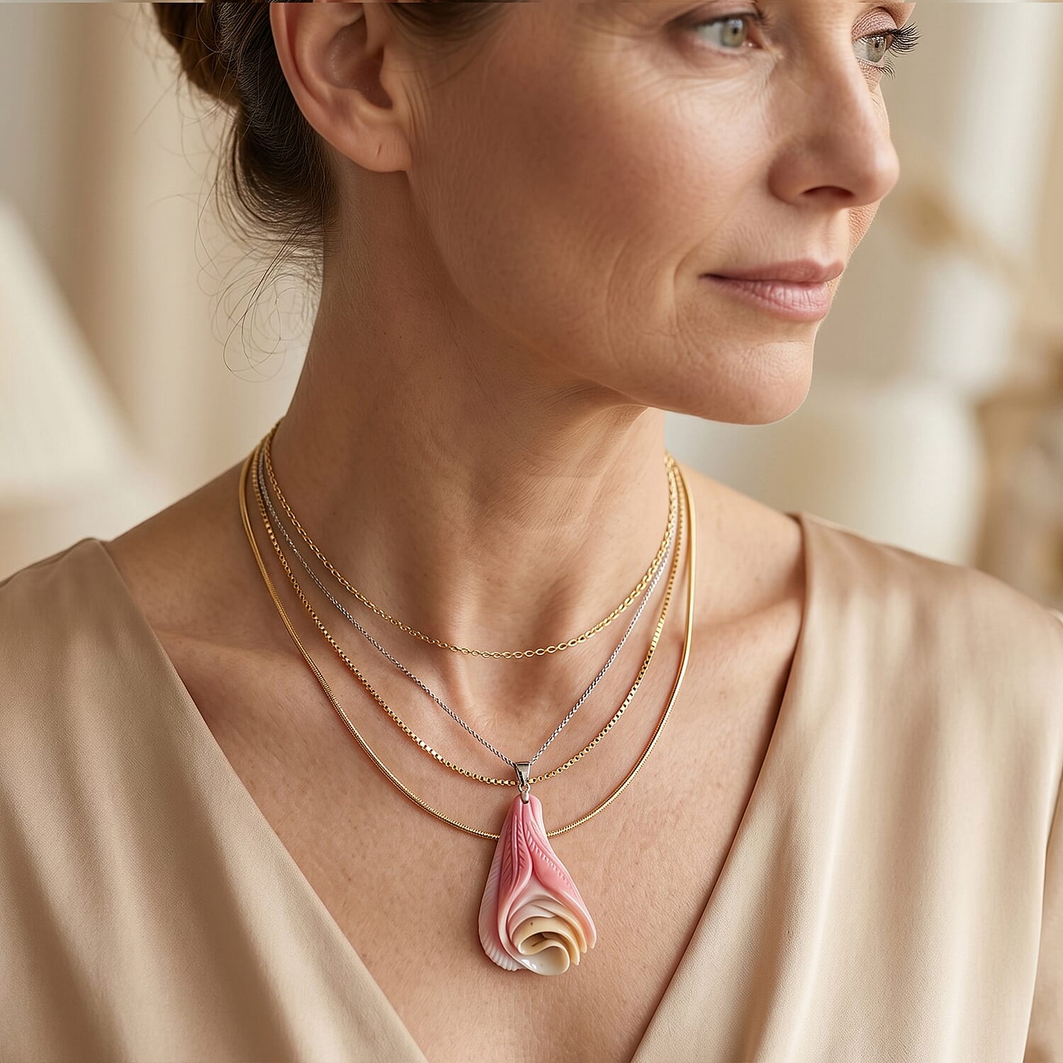 Pink Conch Shell Wave Inspired Drop Pendant with Chain (Size 18) in Rhodium Overlay Sterling Silver 49.00 Ct.